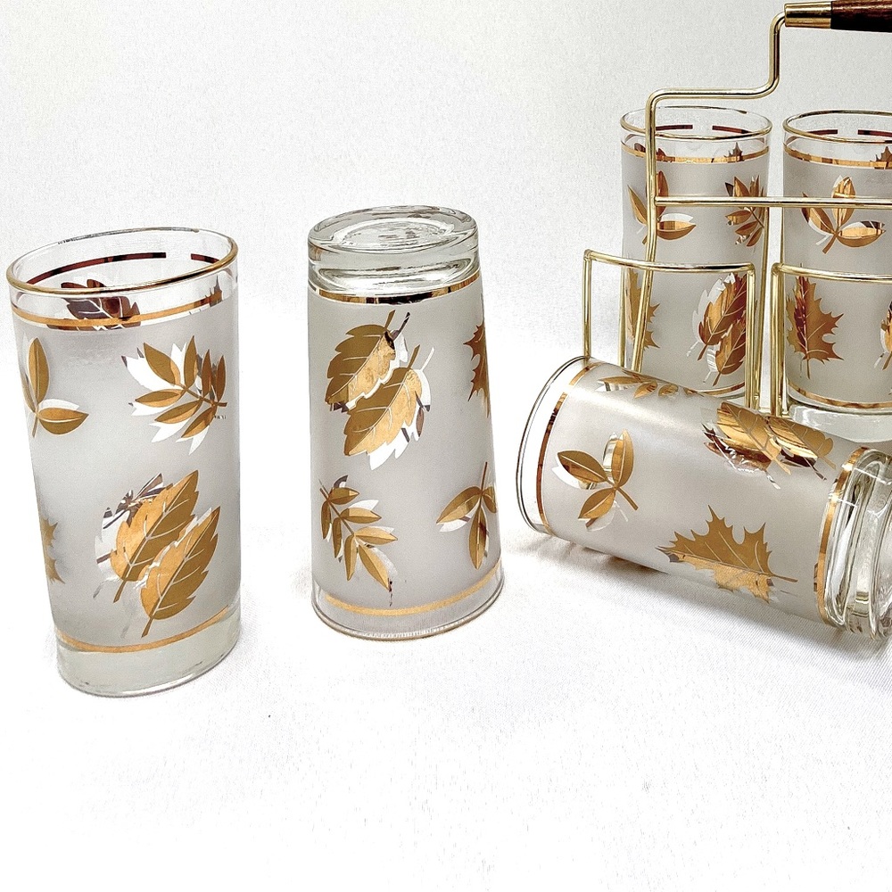 vintage libbey gold leaf foliage highball tumbler glasses with caddy set of 8
